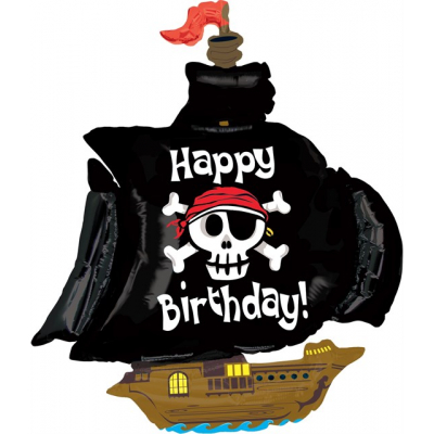Balónek foliový Happy Birthday pirátská loď černá ALBI
