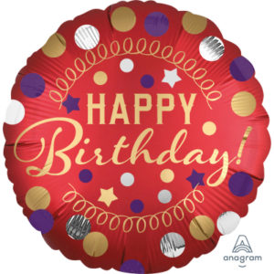 Balónek foliový Happy Birthday červený stříbrné/zlaté/modré puntíky ALBI