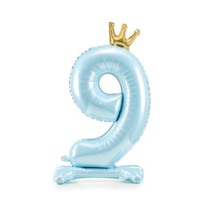 Balónek fóliový Stojící číslo s korunkou světle modrá 84 cm - Číslice 9 Albi