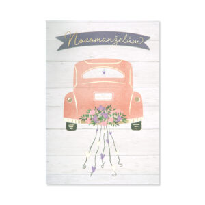 Svatební přání - Růžové auto s květy a srdíčky Albi